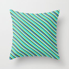 [ Thumbnail: Turquoise, Beige, Forest Green, and Slate Blue Colored Lines/Stripes Pattern Throw Pillow ]