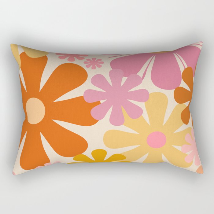Retro 60s 70s Flowers Thulian Pink Orange Cream Pattern Rectangular Pillow