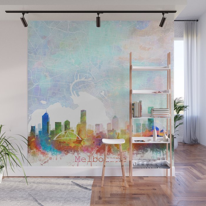 Melbourne Skyline Map Watercolor, Print by Zouzounio Art Wall Mural