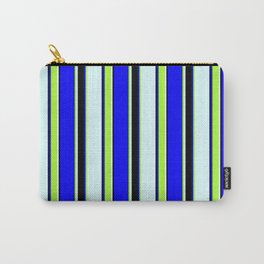 [ Thumbnail: Blue, Light Green, Light Cyan & Black Colored Striped/Lined Pattern Carry-All Pouch ]