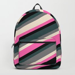 [ Thumbnail: Eye-catching Dark Slate Gray, Grey, Beige, Hot Pink, and Black Colored Lined/Striped Pattern Backpack ]