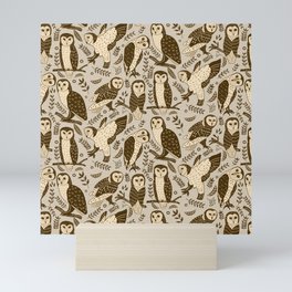 Cute Barn Owls in Woodblock Print Pattern Mini Art Print