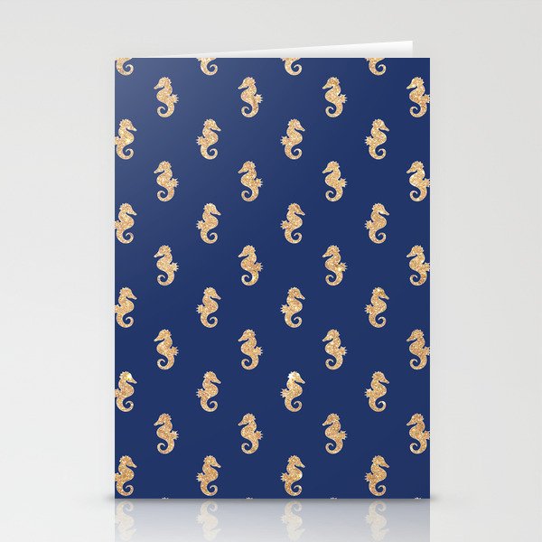 Elegant navy blue faux gold glitter nautical seahorse pattern Stationery Cards