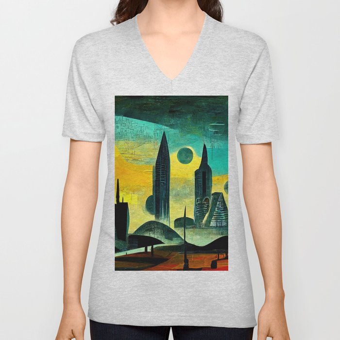 Abstract Futuristic Cityscape V Neck T Shirt