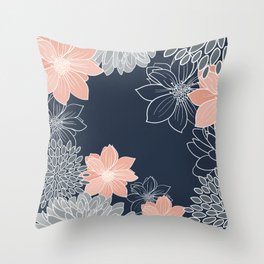 Festive, Floral Prints and Line Art, Navy Blue, Coral and Gray Throw Pillow