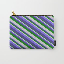 [ Thumbnail: Green, Light Gray, Medium Slate Blue, and Dark Slate Blue Colored Striped Pattern Carry-All Pouch ]
