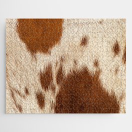 Brown Cowhide, Cow Skin Print Pattern Modern Cowhide Faux Leather Jigsaw Puzzle
