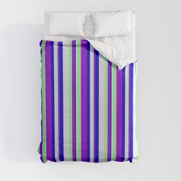 [ Thumbnail: Lavender, Green, Dark Violet, and Blue Colored Lined/Striped Pattern Duvet Cover ]