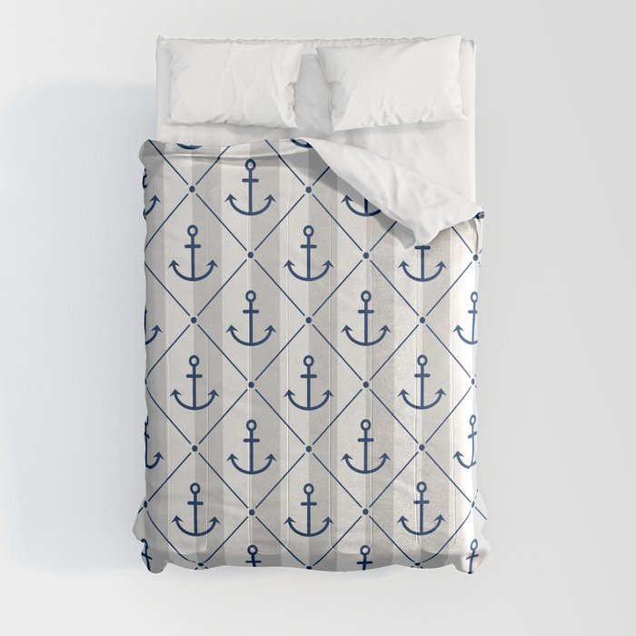 Navy Blue Anchor Pattern on White and Silver Grey Comforter