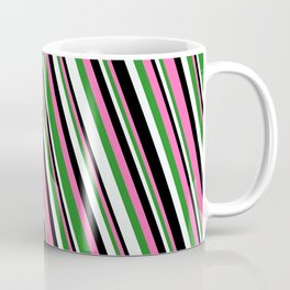[ Thumbnail: Hot Pink, Forest Green, Mint Cream & Black Colored Stripes Pattern Coffee Mug ]
