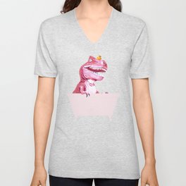 Pink T-Rex in Bathtub V Neck T Shirt