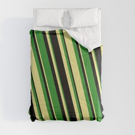 [ Thumbnail: Black, Forest Green, and Tan Colored Stripes Pattern Comforter ]