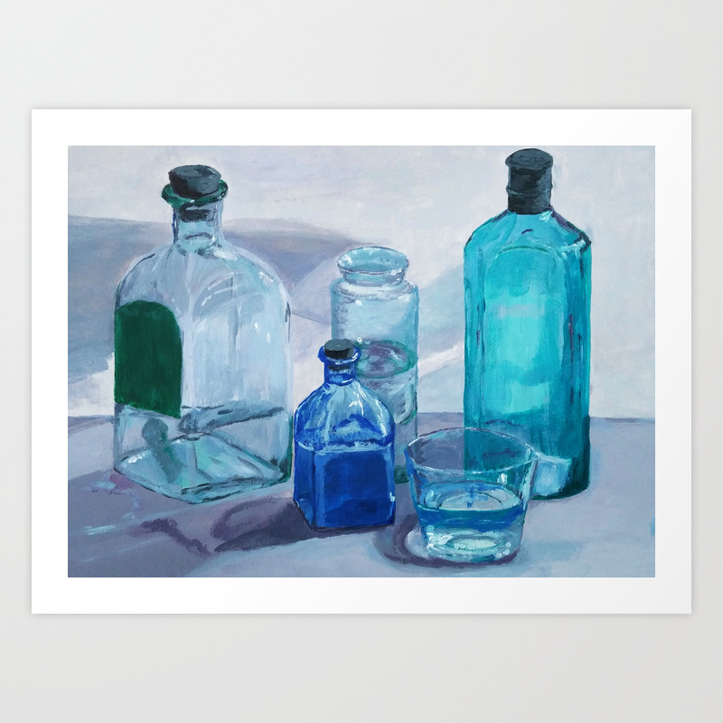 Bottles Art Print Whiskey Bottle Painting Blue Abstract Art