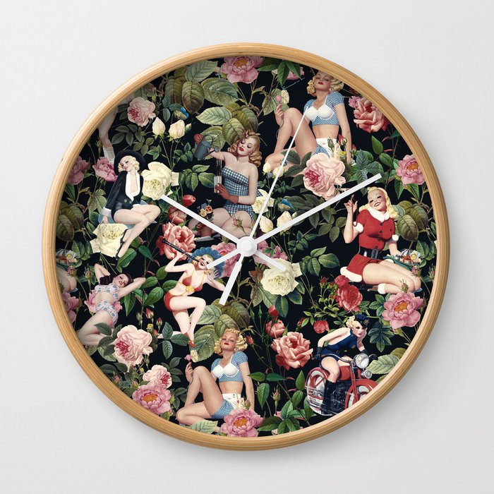 Floral and Pin Up Girls Pattern Wall Clock