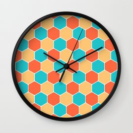Colorful Turquoise Blue Orange Honeycomb Vintage Seventies Pattern Wall Clock