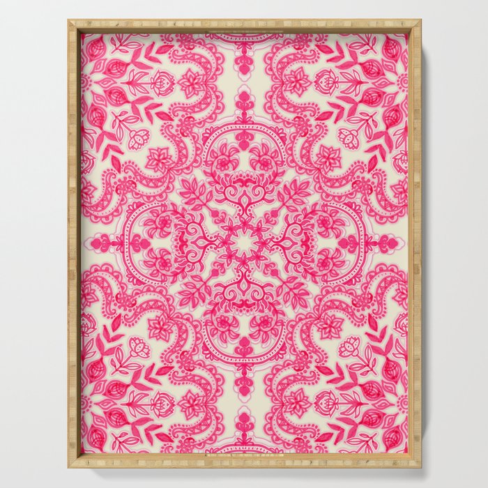 Hot Pink & Soft Cream Folk Art Pattern Serving Tray