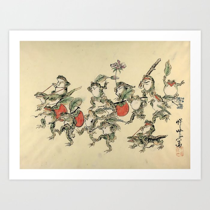 Kawanabe Kyosai Frogs bearing persimmons and riding lizards Art Print