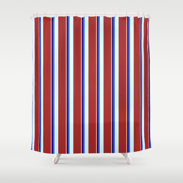 Eyecatching Light Salmon, Blue, Royal Blue, Light Cyan, and Brown Colored Lined/Striped Pattern Shower Curtain