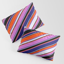[ Thumbnail: Vibrant Red, Orchid, Midnight Blue, Lavender, and Black Colored Lines Pattern Pillow Sham ]