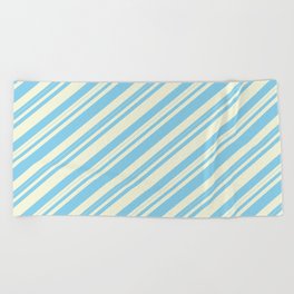 [ Thumbnail: Beige & Sky Blue Colored Lined/Striped Pattern Beach Towel ]