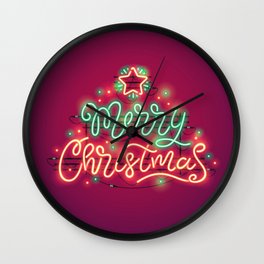 Merry Christmas Colorful Neon Sign Wall Clock | Neon, Graphicdesign, Xmas, Decoration, Poster, Star, Winter, Vintage, Glow, Emblem 