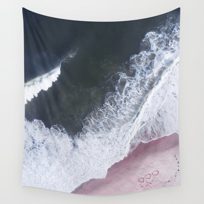 Aerial Pink Beach Print - Dark Blue Ocean - Hearts on Sand - Crashing Waves - Sea Travel photography Wall Tapestry