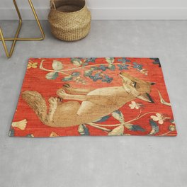 Medieval Red Fox Rug | Foxart, Fox, Castle, Foxpainting, Floral, Medieval, Foxtapestry, Royalty, Crimson, Classical 