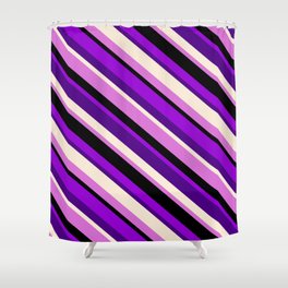 [ Thumbnail: Dark Violet, Indigo, Beige, Orchid, and Black Colored Pattern of Stripes Shower Curtain ]