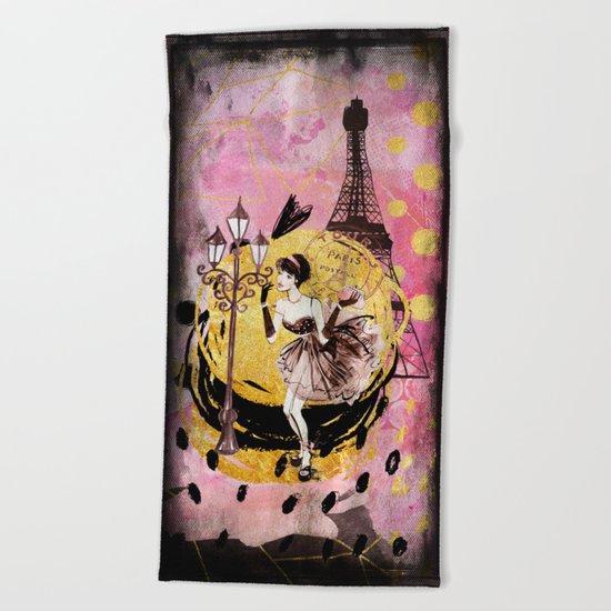 Beautiful fashion girl in Paris- Shopping at the Eiffel-Tower on #Society6 Beach Towel