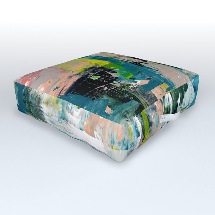 Imagine: A bright abstract painting in green, pink, and neon yellow by Alyssa Hamilton Art Outdoor Floor Cushion