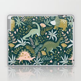 Dinosaurs with tropical leaves and flowers. Cute dino hand drawn illustration pattern. Cute dino design. Laptop Skin