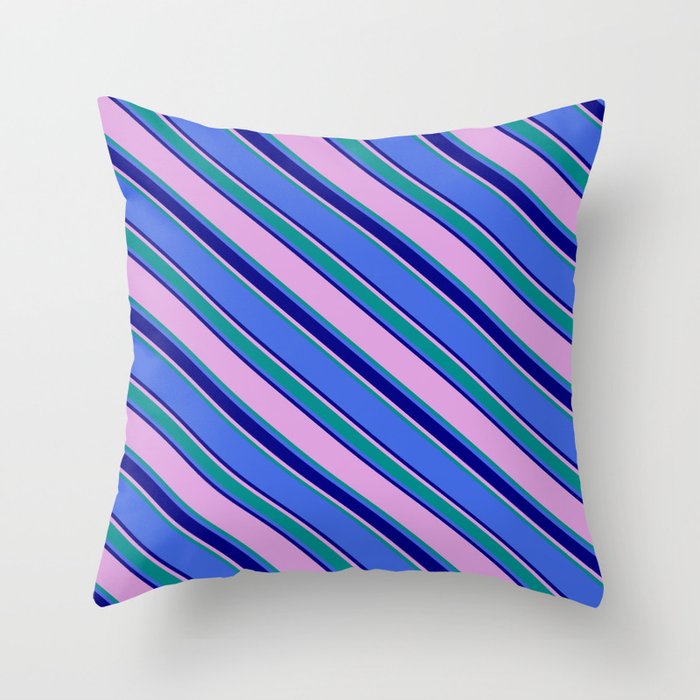 Plum, Dark Cyan, Royal Blue, and Blue Colored Lined Pattern Throw Pillow