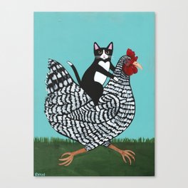 Tuxedo Cat Riding a Chicken Canvas Print