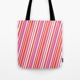 [ Thumbnail: Red, Orchid & White Colored Lined/Striped Pattern Tote Bag ]