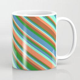 [ Thumbnail: Aquamarine, Coral, Sienna, Forest Green, and Blue Colored Lined/Striped Pattern Coffee Mug ]