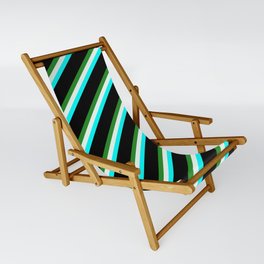 [ Thumbnail: Forest Green, Mint Cream, Cyan & Black Colored Striped Pattern Sling Chair ]