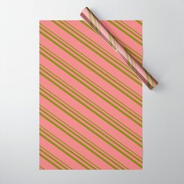 [ Thumbnail: Light Coral & Green Colored Pattern of Stripes Wrapping Paper ]