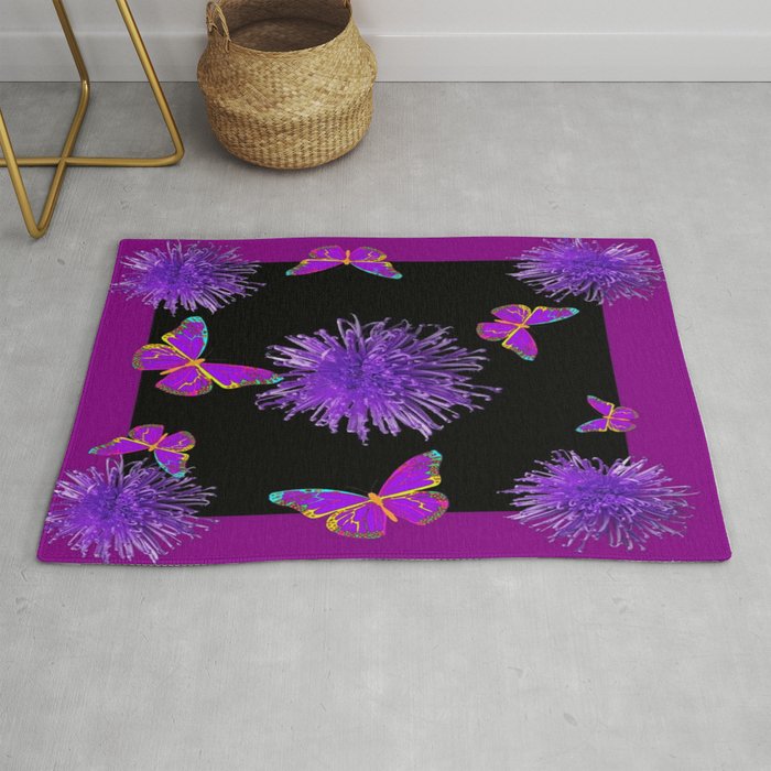 Tropical Butterfly Dreams in Black & Maroon Purple Abstract Rug