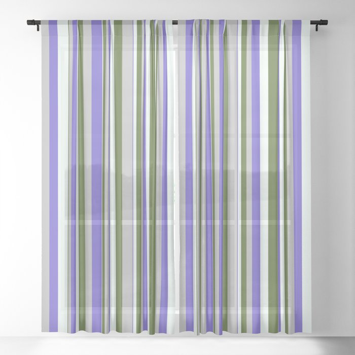 Grey, Slate Blue, Mint Cream & Dark Olive Green Colored Stripes/Lines Pattern Sheer Curtain