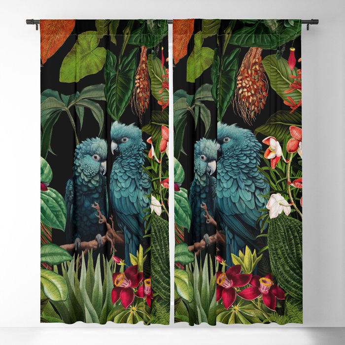 Midnight Vintage Exotic Flower And Birds Garden Jungle Blackout Curtain