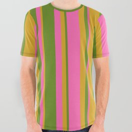 [ Thumbnail: Green, Goldenrod & Hot Pink Colored Lined Pattern All Over Graphic Tee ]