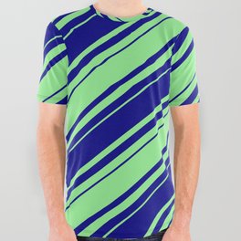 [ Thumbnail: Blue & Light Green Colored Lines Pattern All Over Graphic Tee ]