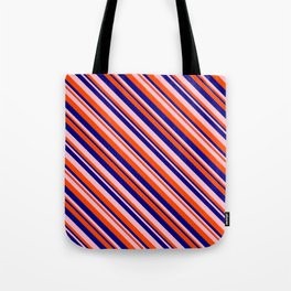[ Thumbnail: Blue, Pink, and Red Colored Lines/Stripes Pattern Tote Bag ]