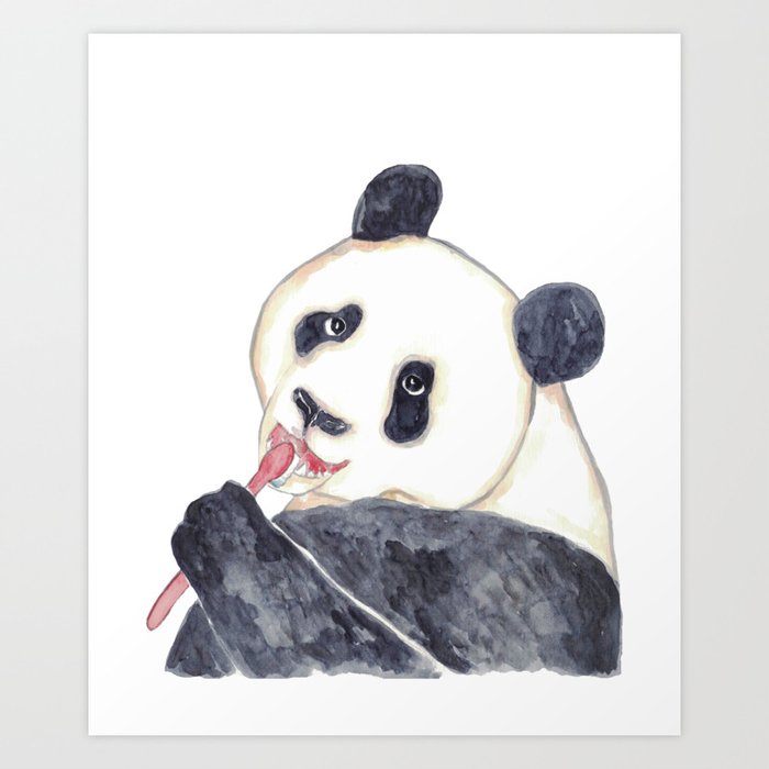 Panda bear brushing teeth bath watercolor Art Print