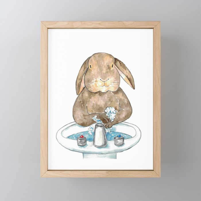 Rabbit washing hands bath watercolor painting Framed Mini Art Print