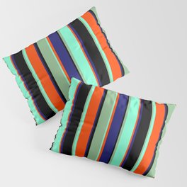 [ Thumbnail: Vibrant Black, Dark Sea Green, Aquamarine, Red, and Midnight Blue Colored Pattern of Stripes Pillow Sham ]