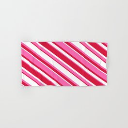 [ Thumbnail: Crimson, White & Hot Pink Colored Striped/Lined Pattern Hand & Bath Towel ]