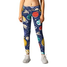 Paper space adventure I // navy blue background multicoloured solar system paper cut planets origami paper spaceships and rockets  Leggings