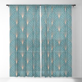 Vintage Art Deco Floral Copper & Teal Sheer Curtain