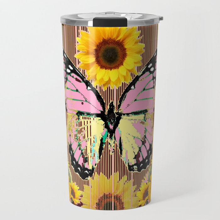 BLACK ABSTRACT PINK BUTTERFLY SUNFLOWER FLORAL Travel Mug
